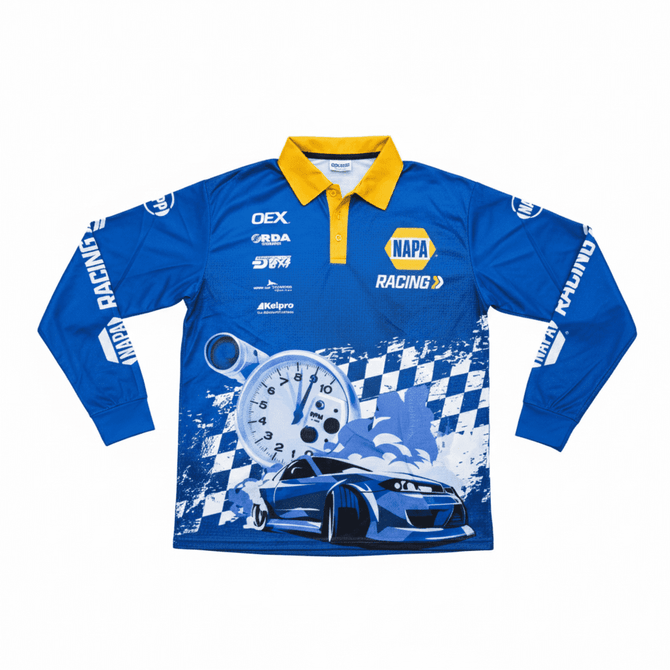 A blue long sleeve polyester polo shirt featuring a racing design with a yellow collar and a logo.