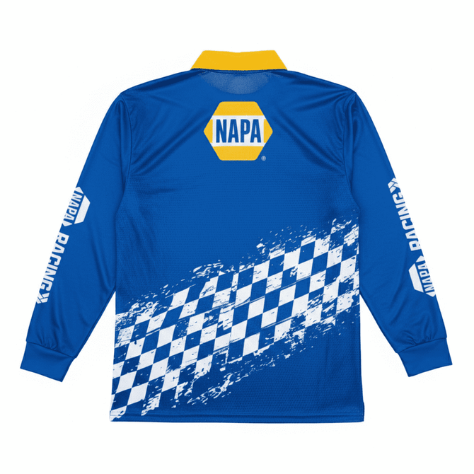 A blue long sleeve fishing polo with a yellow collar and a logo, featuring a checkered design on the back.