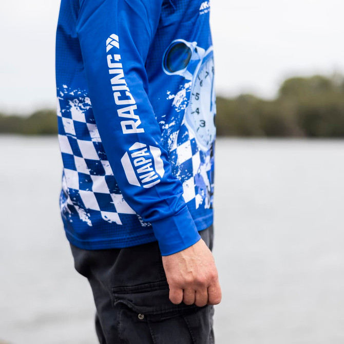 A blue long sleeve polyester fishing polo featuring a checkered design and a logo.