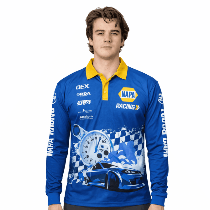A blue long-sleeve polyester fishing polo with yellow collar and a racing-themed design featuring a logo and graphics.