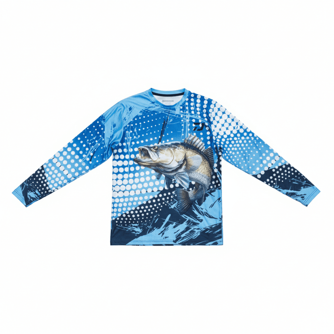 A long sleeve fishing tee in blue featuring a graphic of a fish and a textured design, includes a logo.