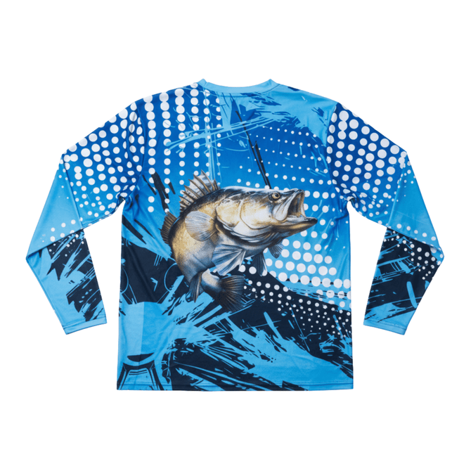 A blue long sleeve fishing tee featuring a large fish graphic and a vibrant abstract design. It has a logo.
