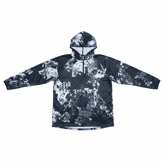 A men's polyester 1/4 zip fishing hoodie featuring a dark, abstract pattern in shades of grey and black.