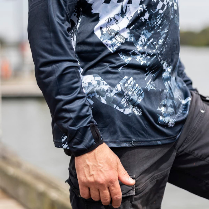 A men's 1/4 zip fishing hoodie in blue and grey with a camouflage pattern, featuring long sleeves and a logo.