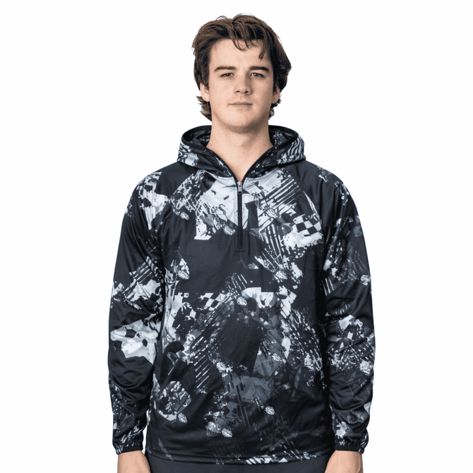 A men's 1/4 zip fishing hoodie in black with a grey abstract pattern, featuring a hood and a logo.