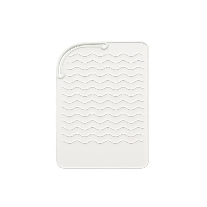 A white silicone pad with wavy patterns designed for heat protection. Features a hook for easy storage.