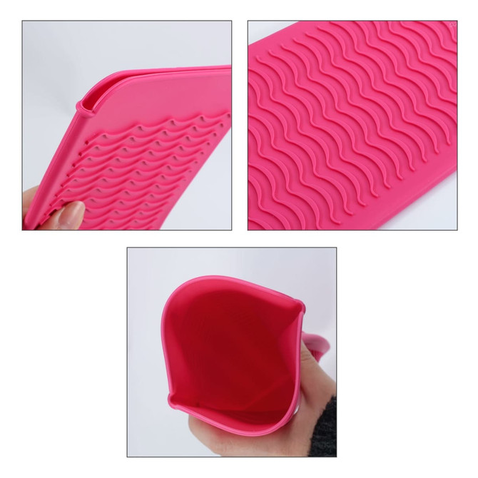 A pink heat-resistant silicone mat pouch featuring a textured wave design, with a close-up view of the edges and interior.