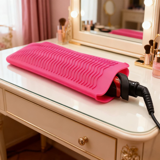 A pink heat-resistant silicone mat pouch with textured surface, placed on a vanity table. It has a styling tool resting on it.