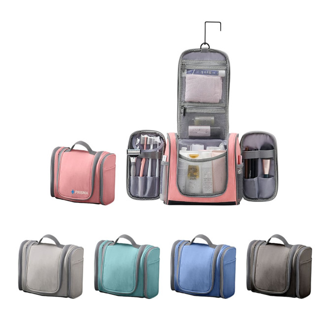 A pink travel storage bag with multiple compartments, featuring grey accents. Includes smaller storage bags in various colours: teal, blue, and grey.