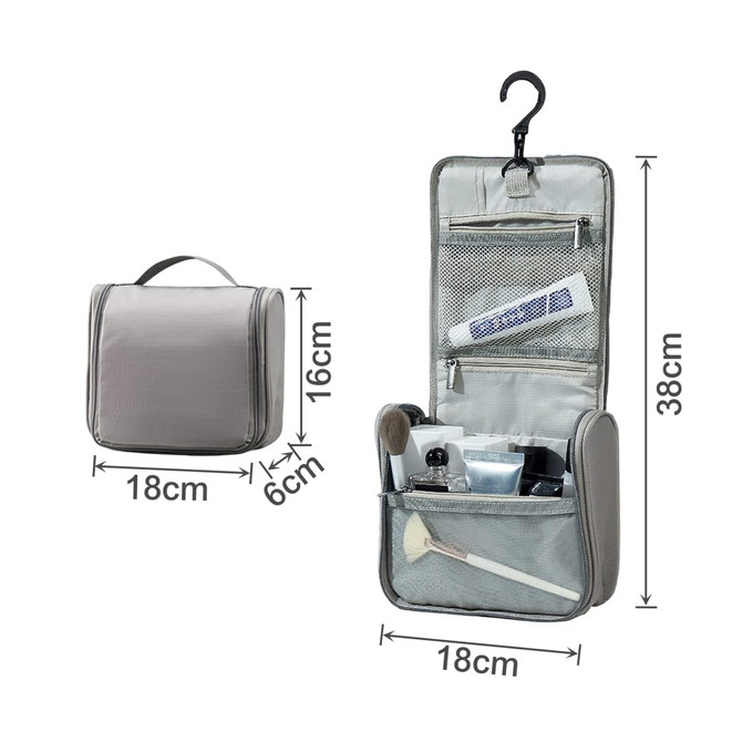 A grey hanging travel toiletry bag with compartments and a hook for easy access. Contains various toiletry items.