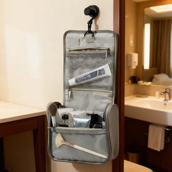 A grey hanging travel toiletry bag with compartments contains various toiletries and a brush, hanging on a hook.