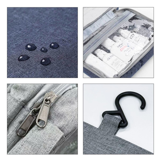 A grey portable hanging travel toiletry bag with zippers, a hook, and waterproof compartments for bottles.