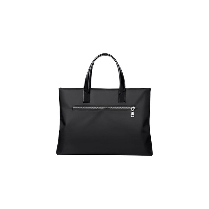 A nylon briefcase in black with two handles and a front zippered pocket. It features a logo.