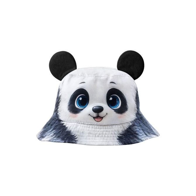 A custom bucket hat with a panda design featuring cartoonish eyes and black ears, in primarily white and grey.
