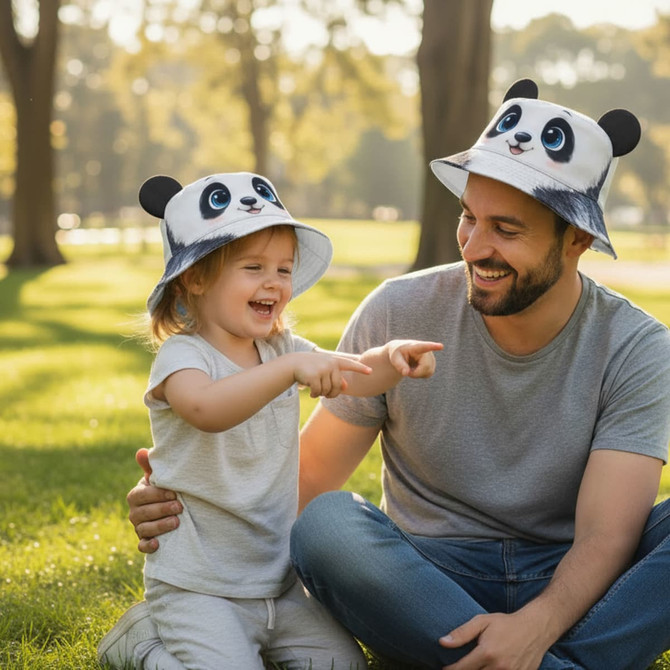 A panda-themed bucket hat in white and grey, worn by a child and an adult, both smiling and enjoying the outdoors.