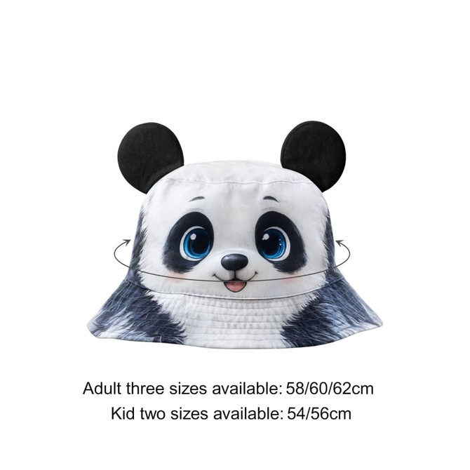 A bucket hat featuring a panda design with animal ears, in black and white, with a logo on the side.