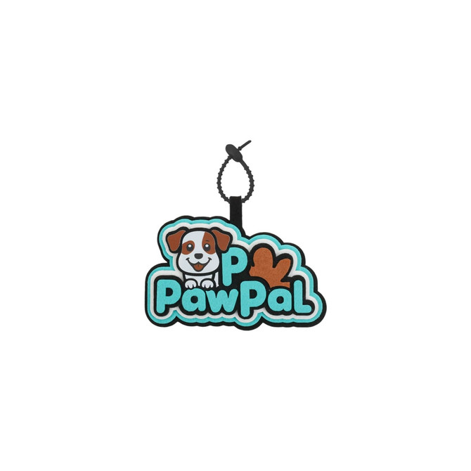 A custom felt hanging tag featuring a playful dog graphic, predominantly in turquoise, brown, and black.