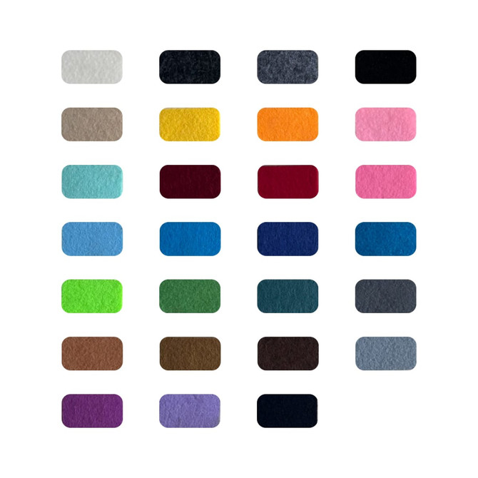 A collection of felt swatches in various colours, including blue, green, yellow, pink, and grey, arranged in a grid.