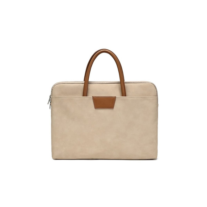A beige suede PU leather laptop bag with brown handles and a zip closure, featuring a small logo on the side.