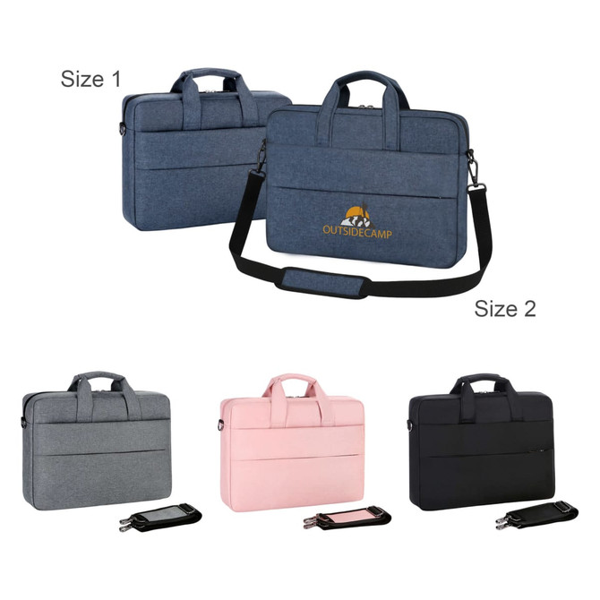 A range of laptop bags in grey, pink, navy, and black, featuring handles and detachable straps, with a logo on one.