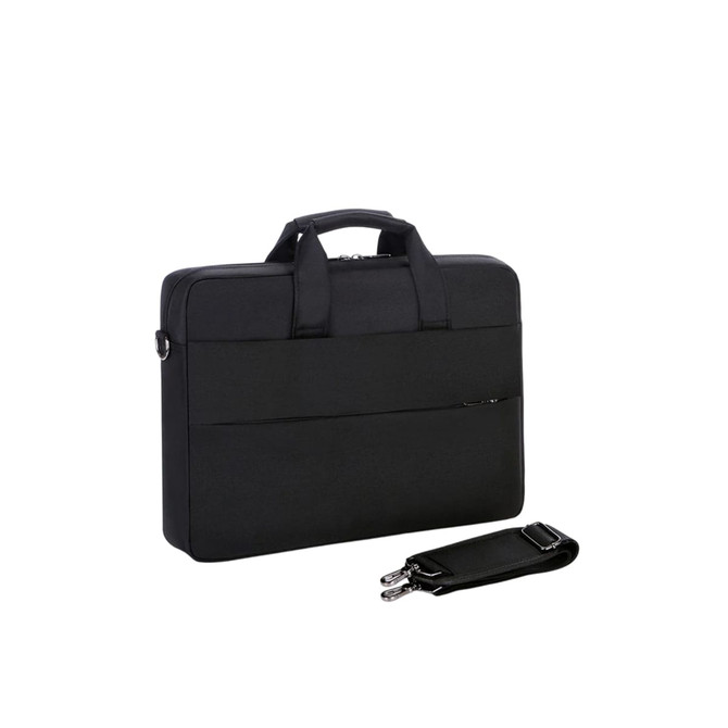 A black business laptop bag with a zippered front pocket and detachable shoulder strap. Includes a padded buffer pad.