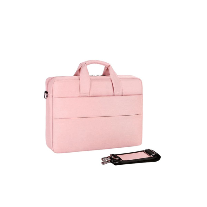 A pink business laptop bag with dual handles and a matching detachable accessory pouch. Features a simple design and logo.