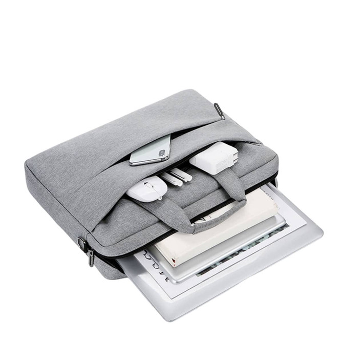 A grey business laptop bag with a buffer pad, featuring compartments for devices and accessories. It includes handles and a logo.