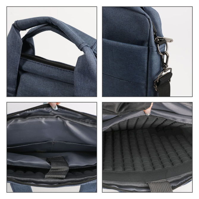 A blue laptop bag with a padded interior, featuring multiple compartments and a detachable strap. It has a branded logo.