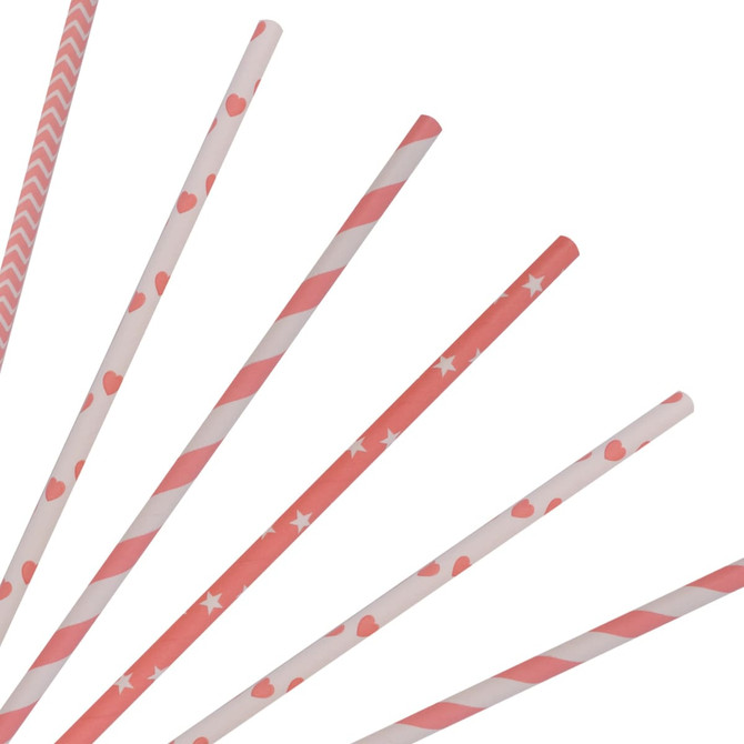 A selection of pink and white disposable 3-ply paper straws in various patterns, including hearts and chevrons.