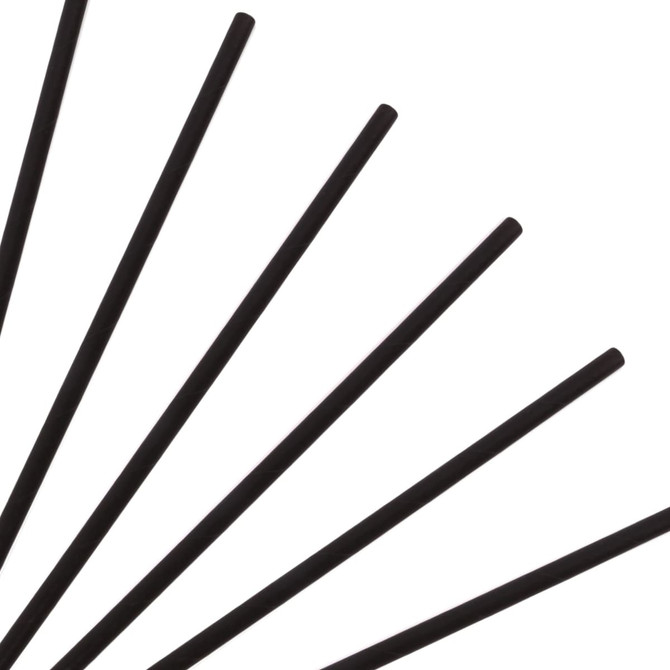 A set of black, disposable 3-ply straight drinking paper straws arranged in a circular pattern, with a white background.