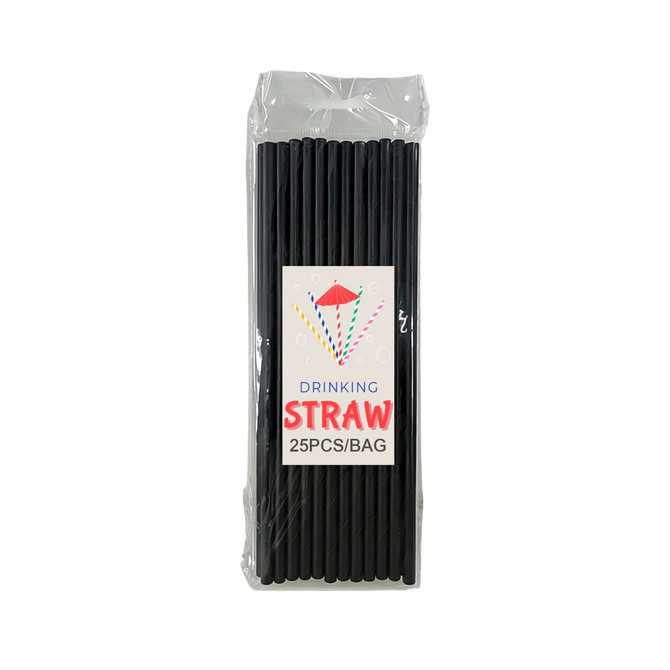A pack of black disposable 3-ply straight drinking paper straws in clear packaging, featuring a label.