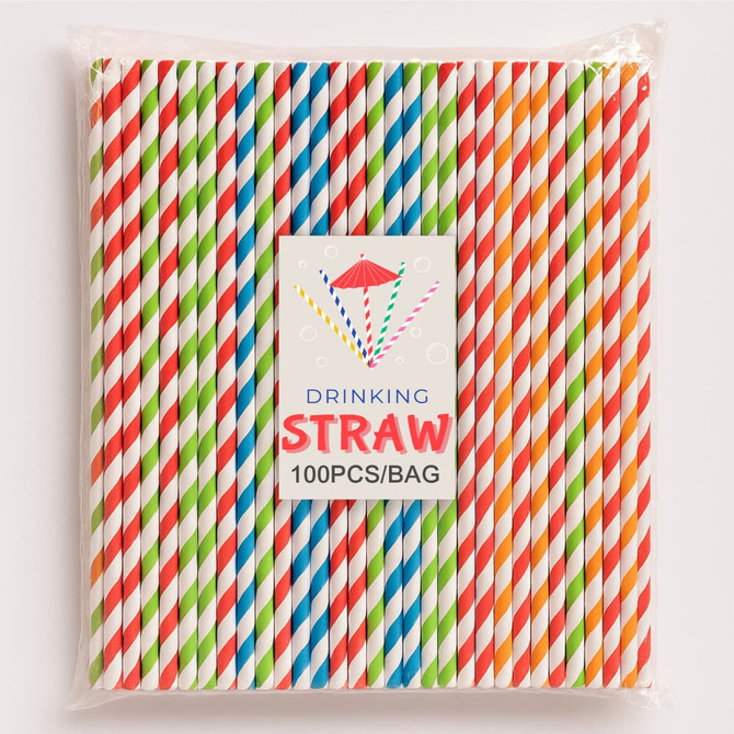 A pack of 100 disposable 3-ply straight drinking paper straws in red, green, blue, and orange stripes. The pack has a logo.