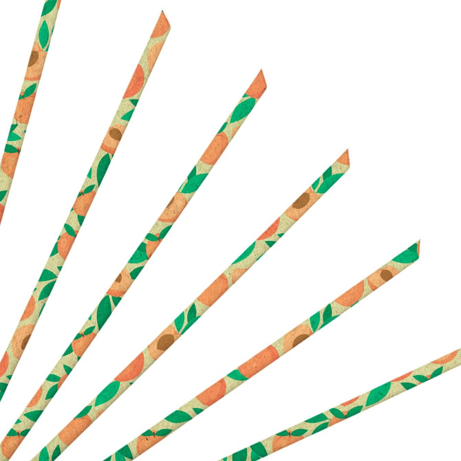 A collection of custom disposable 4-ply straight angled paper straws in orange and green leaf patterns.