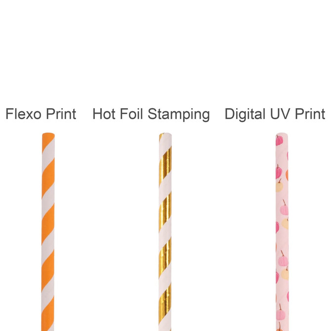 Three types of custom disposable 4-ply straight drinking paper straws in orange, gold, and pink floral designs. Each straw features distinct printing styles.