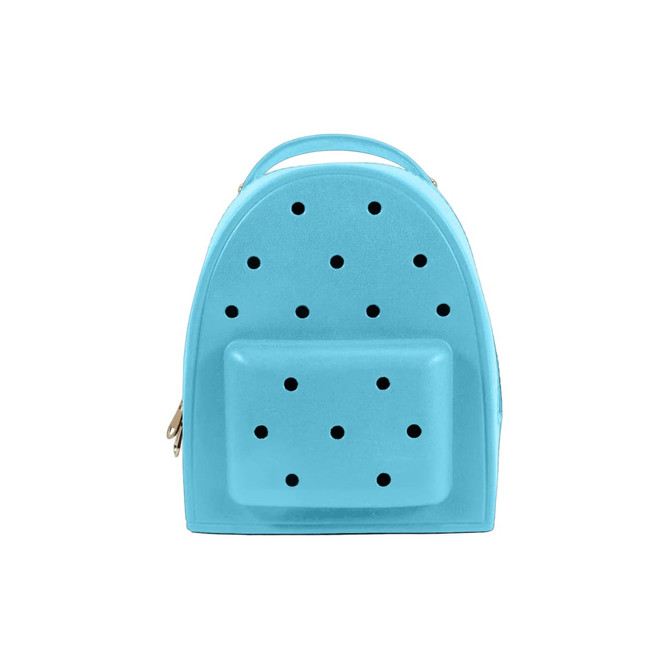 A light blue EVA Holes Backpack with a smooth surface and multiple ventilation holes, featuring a small front pocket.