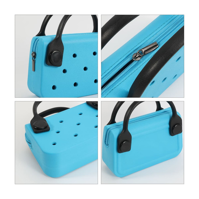 A mini handbag in bright blue with black handles, featuring holes for ventilation and a zip closure.
