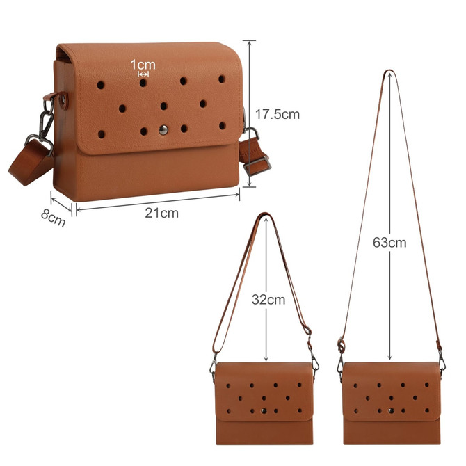 A brown briefcase with perforated holes, featuring an adjustable strap and a clasp. It has a logo on the front.