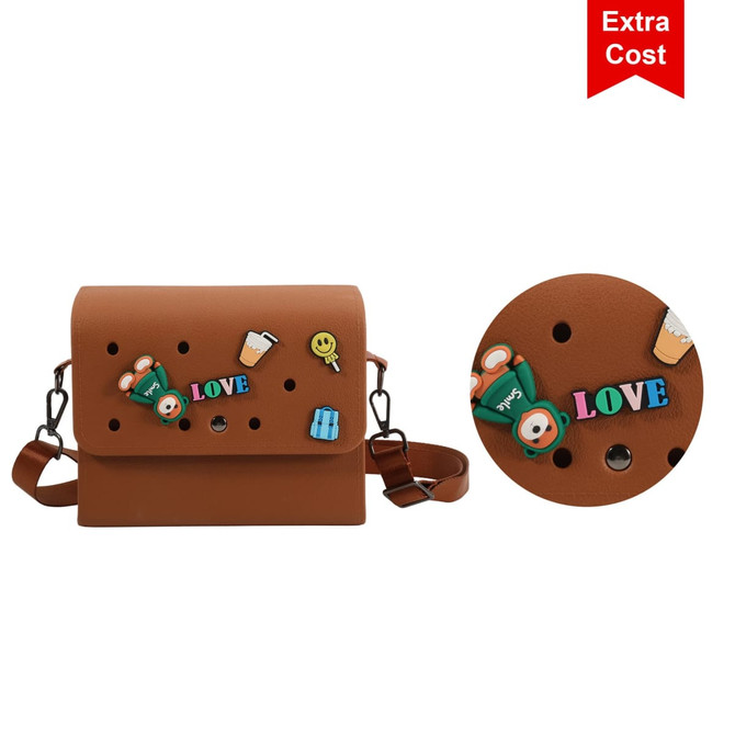 A brown briefcase featuring various decorative patches and an adjustable strap, with a branding logo on the side.