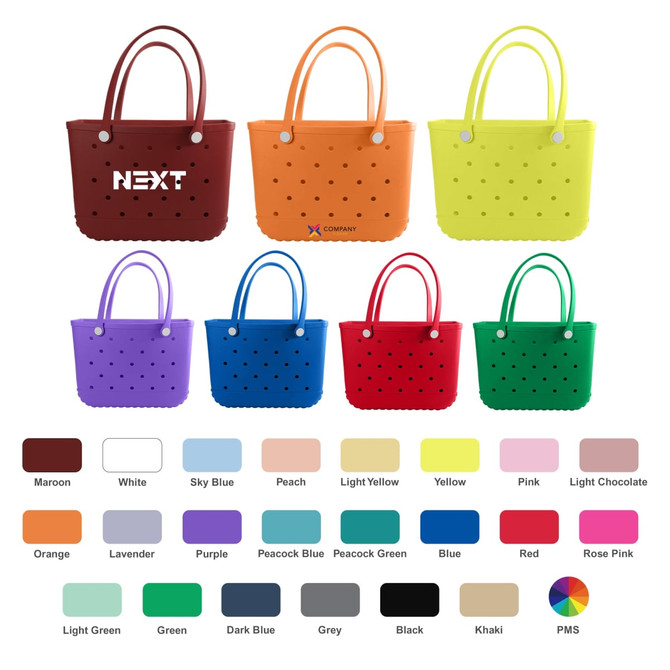 EVA Holes Beach Bags in various colours: maroon, white, sky blue, peach, light yellow, orange, lavender, purple, and green.