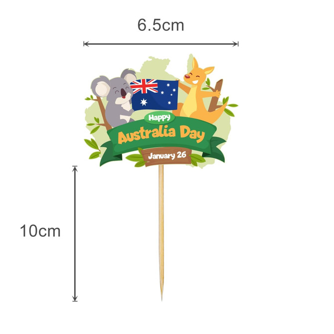 A decorative toothpick featuring a koala and kangaroo with an Australian flag and "Happy Australia Day" text.