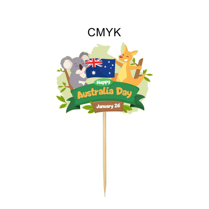 A pack of 100 custom-coated paper toothpicks featuring Australian animals and festive graphics for Australia Day.