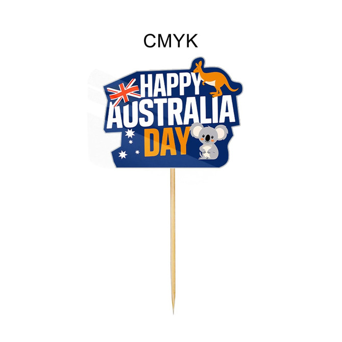 A blue and orange custom sticker toothpick with an Australian theme featuring a kangaroo and a koala, celebrating Australia Day.