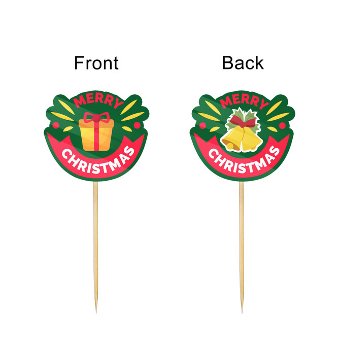 A pack of 100 custom sticker toothpicks featuring a festive Christmas design in red, green, and yellow.