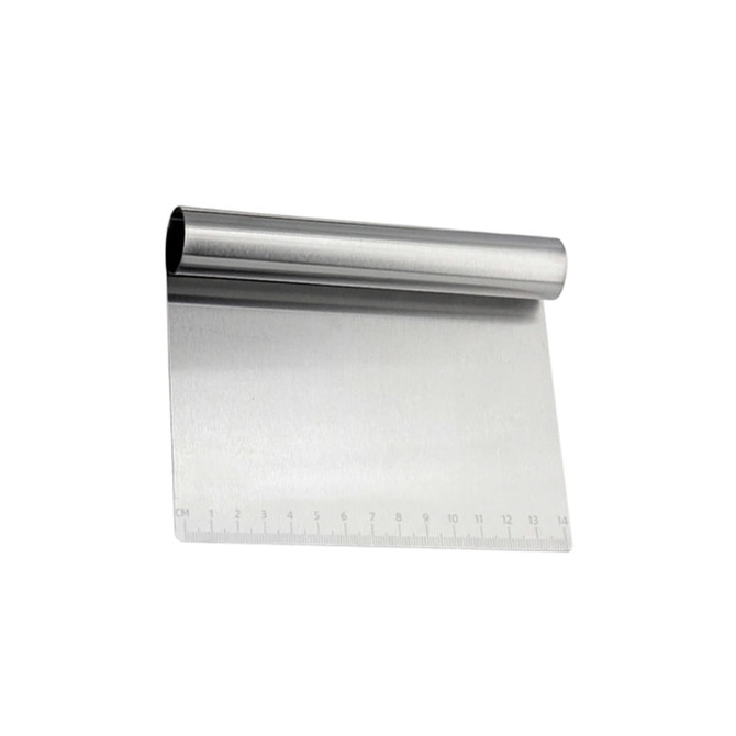 A stainless steel flour cutter with a curved handle and measurement markings along one edge.