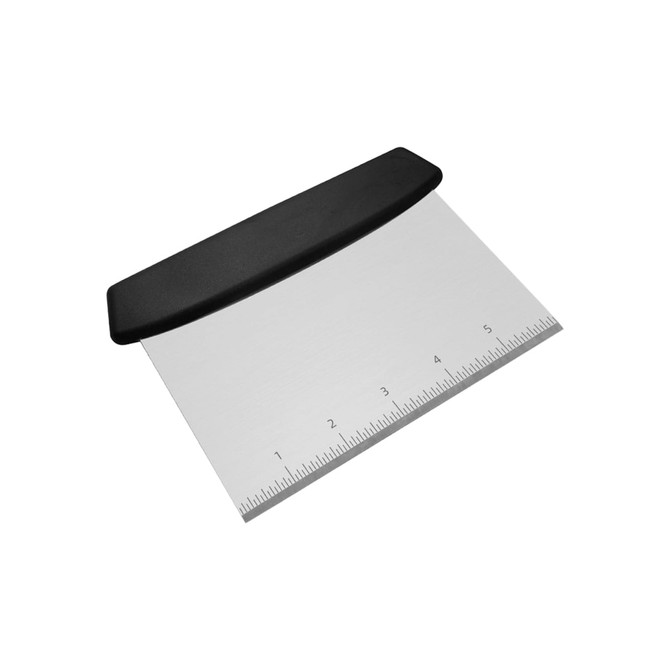 A bench scraper with a black plastic handle and a stainless steel blade marked with measurement lines.