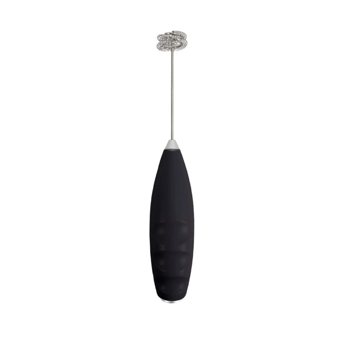 A black milk frother with a stainless steel whisk attachment and a sleek ergonomic design.