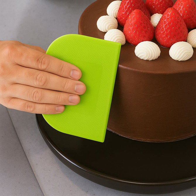 A bright green plastic flexible bowl scraper being used to smooth icing on a chocolate cake topped with strawberries and cream.