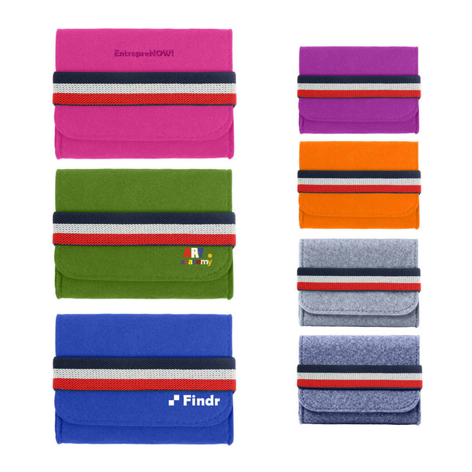 A collection of Felt Essential Oils Travel Organisers in pink, green, blue, orange, grey, and purple, each with a striped band.