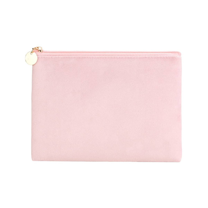 A durable flat makeup bag in a soft pink shade with a gold zip and a small charm.