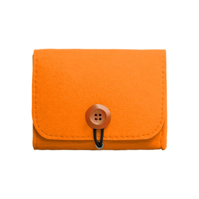 An orange felt bag with a button closure and elastic band, featuring a simple and compact design.
